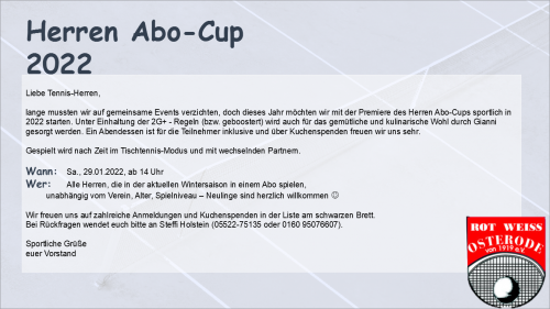 Herren Abo Cup fällt leider durch steigende Corona-Inzidenzen aus!